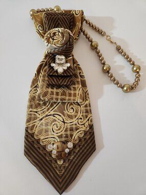 Hand Crafted Necktie Necklace with Rhinestone Accents Brown Beige Pearl Necklace